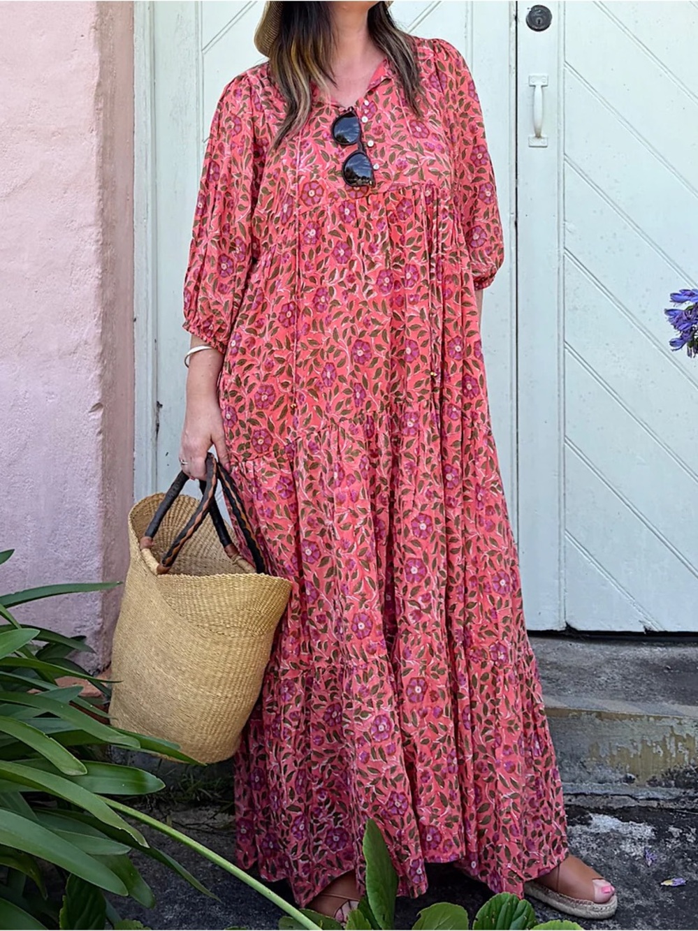 RIVER GODDESS neera block print India casual maxi dress XL coral pink event